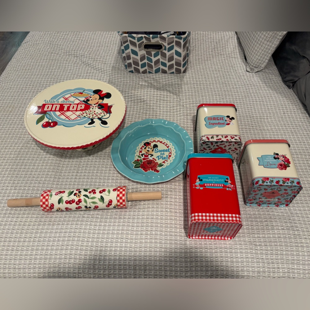 Disney Retro Minnie Mouse Red Teal Kitchen Canister Set with Rolling Pin
